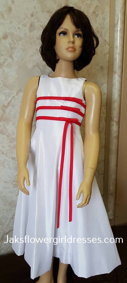 White flower girl dresses with red bows